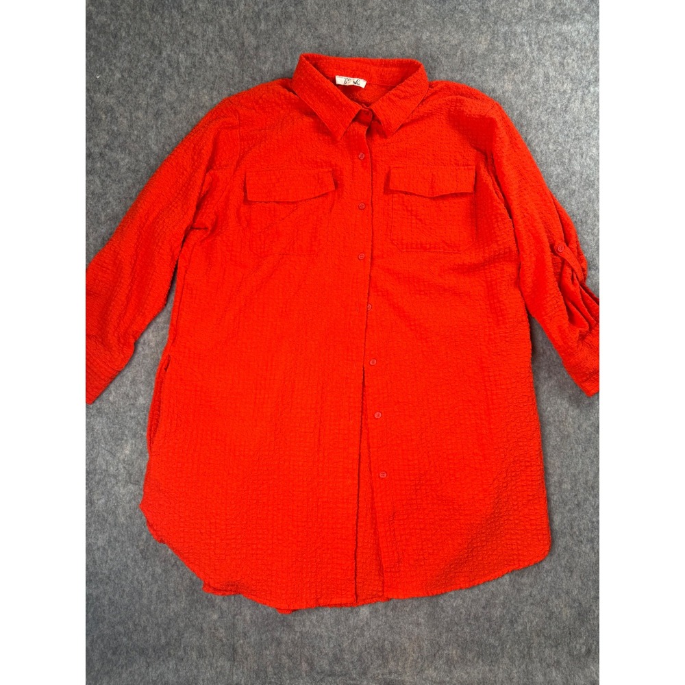 Blush Women 2X Orange Red Textured Button Down Roll Tab Sleeve Tunic Top